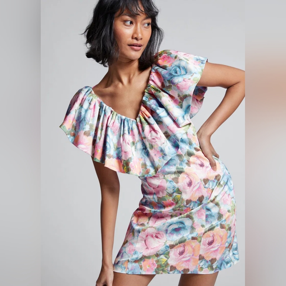 & Other Stories Floral Ruffle Mini Dress Pink & Blue Off-Shoulder Party - Picture 2 of 12